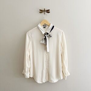 Theory Ivory Silk Tie-Neck Blouse with Contrast Striped Bow womens Medium